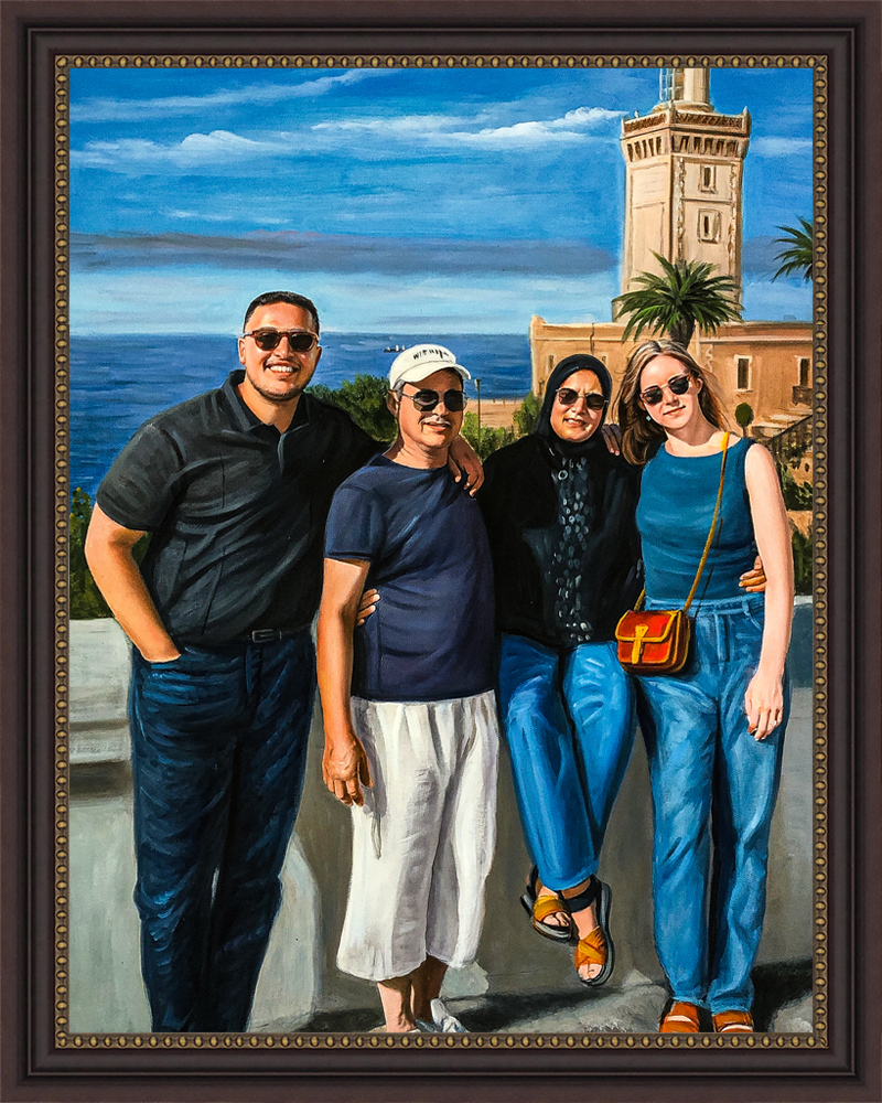 Acrylic painting of four people standing together with an ocean and tower in the background